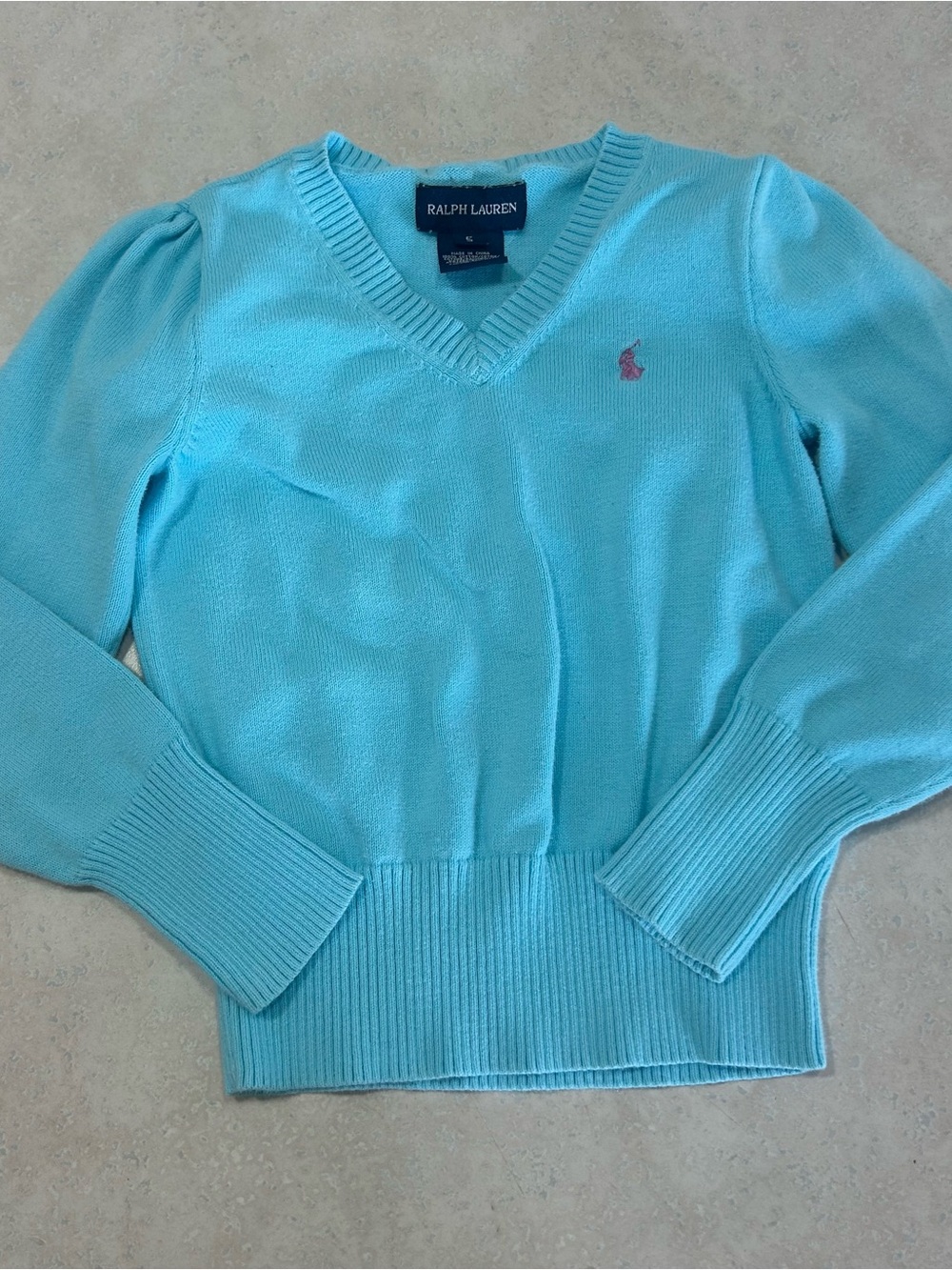 Ralph Lauren Kids Aqua V-Neck Sweater with Pink Pony